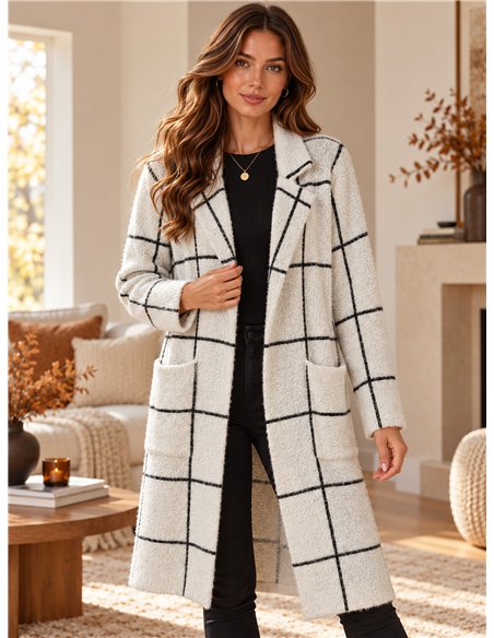 Long checked knit coat