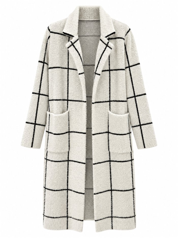 Long checked knit coat
