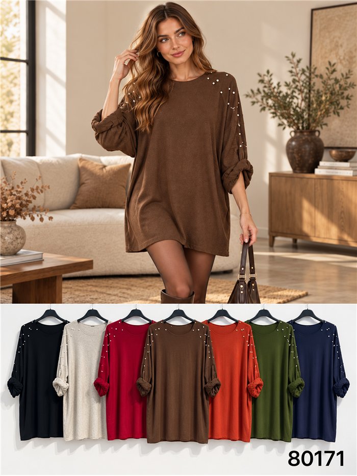 Langer, locker sitzender Pullover mit Perlen