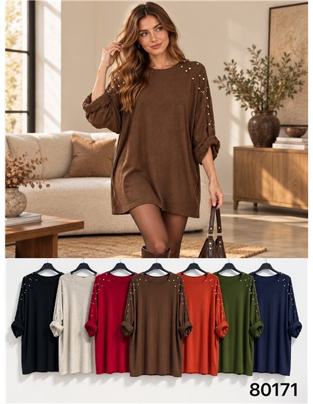 Langer, locker sitzender Pullover mit Perlen