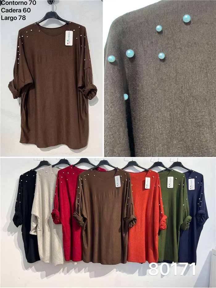 Langer, locker sitzender Pullover mit Perlen