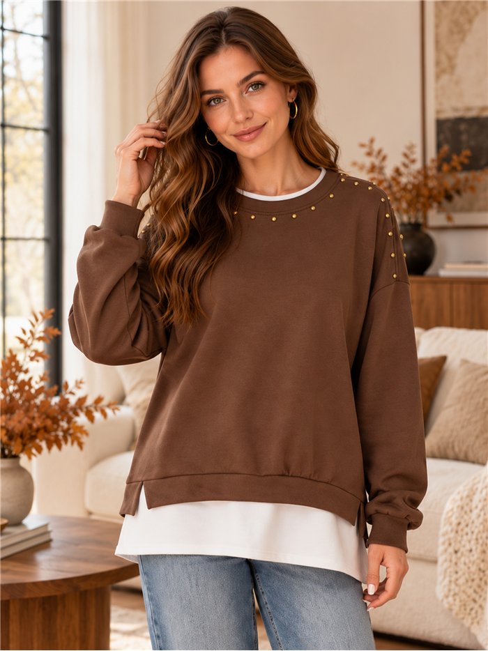 Moletom com efeito de camisa e tachas