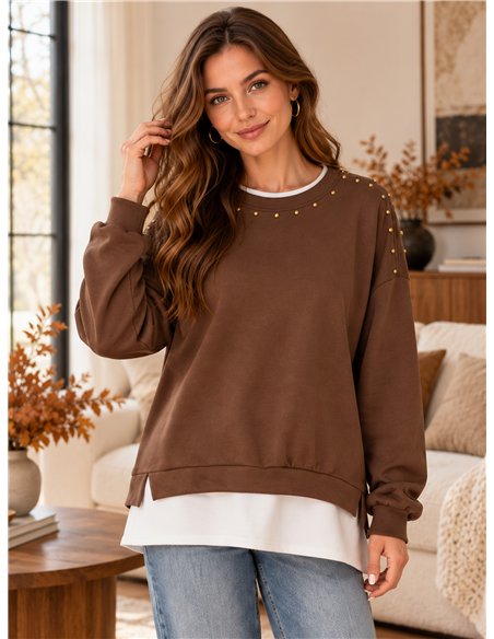 Moletom com efeito de camisa e tachas