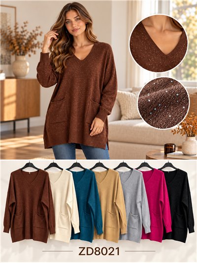 Suéter oversized com decote em V, lantejoulas e bolsos. 2