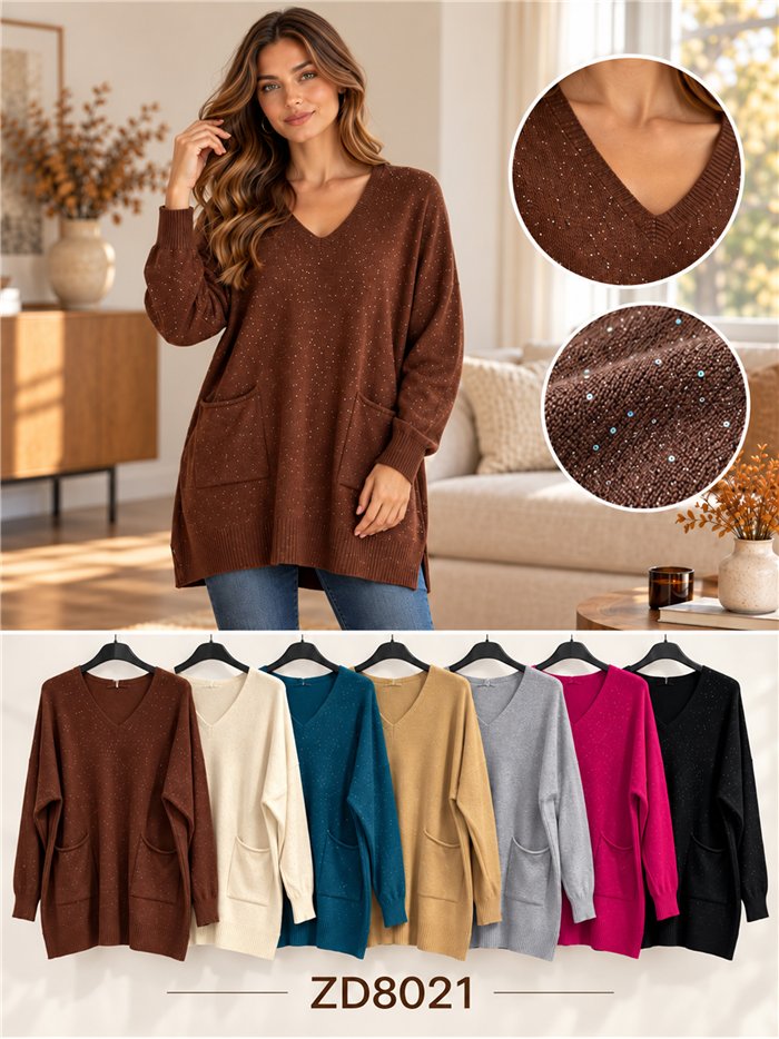 Suéter oversized com decote em V, lantejoulas e bolsos.