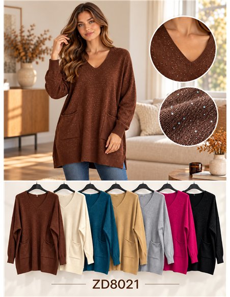 Suéter oversized com decote em V, lantejoulas e bolsos.