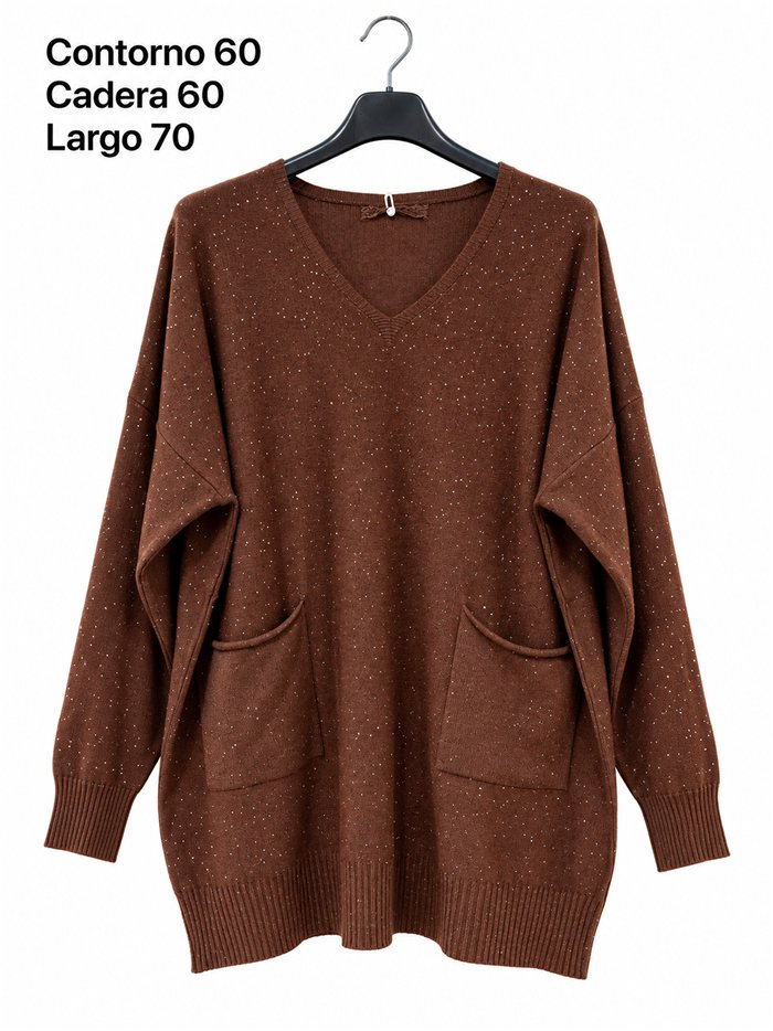 Suéter oversized com decote em V, lantejoulas e bolsos.