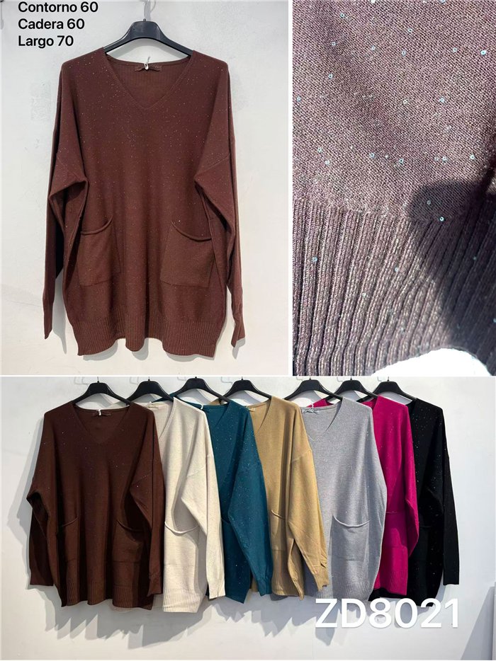 Suéter oversized com decote em V, lantejoulas e bolsos.