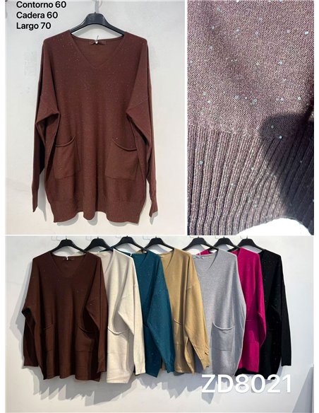 Suéter oversized com decote em V, lantejoulas e bolsos.
