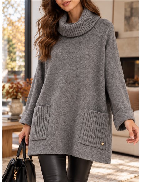 Suéter de gola alta plus size com bolsos