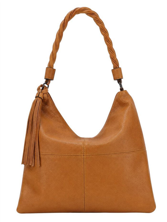 Hobo bag with braided handle and tassel detail