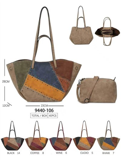 Sac cabas à patchwork géométrique avec trousse de toilette 2