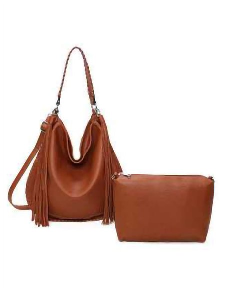 Ampia borsa a tracolla con frange e beauty case removibile.