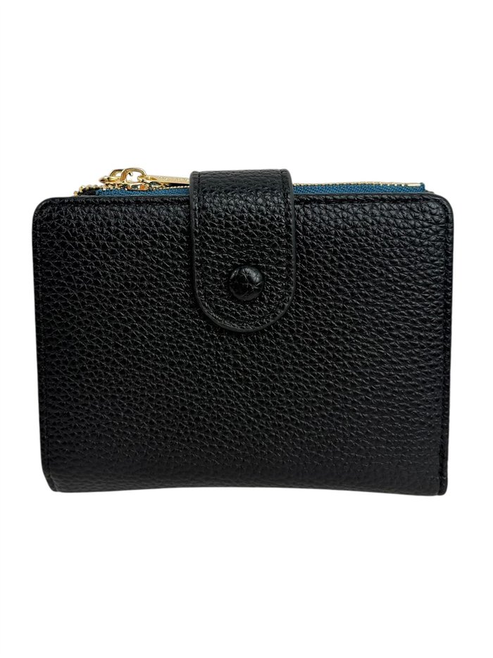 Compact wallet with zip coin pocket and charm