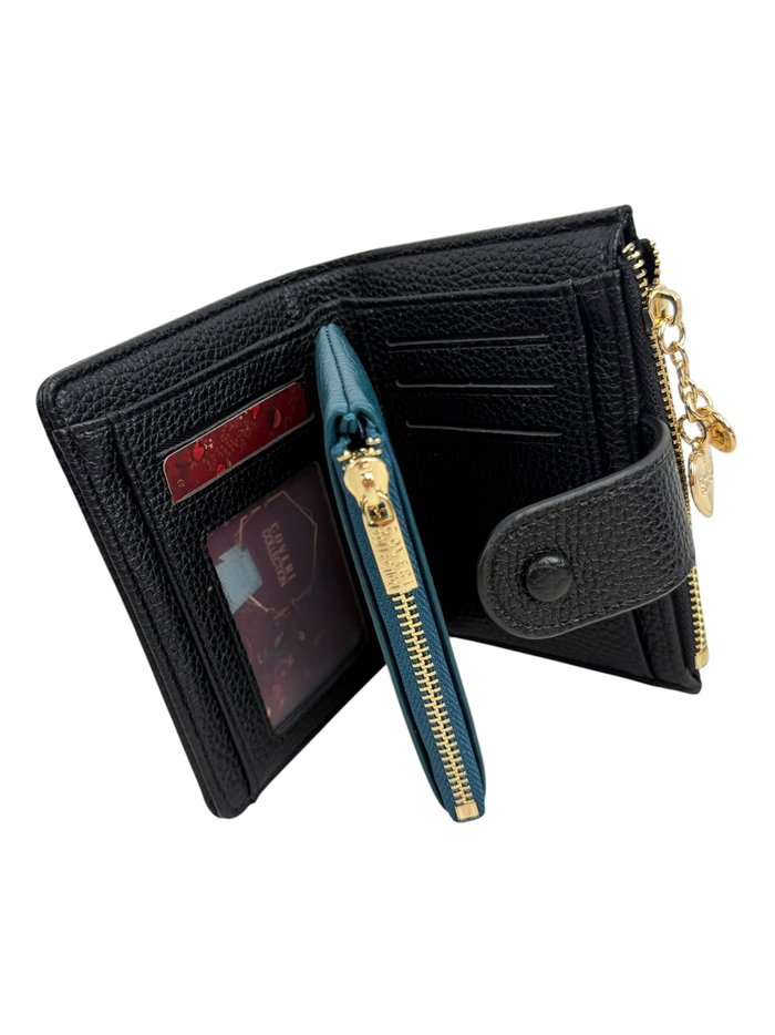Compact wallet with zip coin pocket and charm