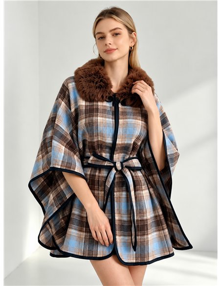Checked belted cape with faux fur collar