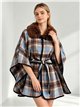Checked belted cape with faux fur collar