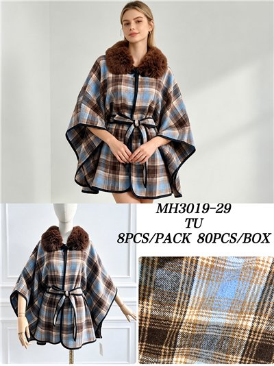 Checked belted cape with faux fur collar 2