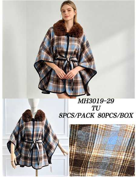 Checked belted cape with faux fur collar