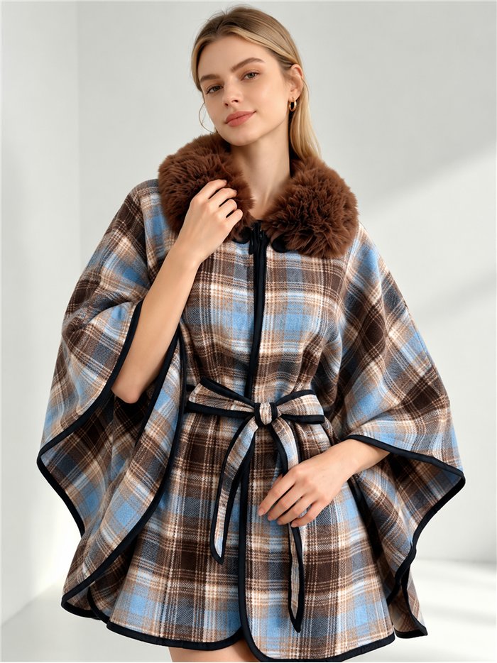 Checked belted cape with faux fur collar