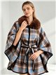 Checked belted cape with faux fur collar