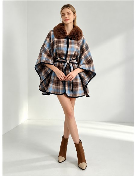 Checked belted cape with faux fur collar
