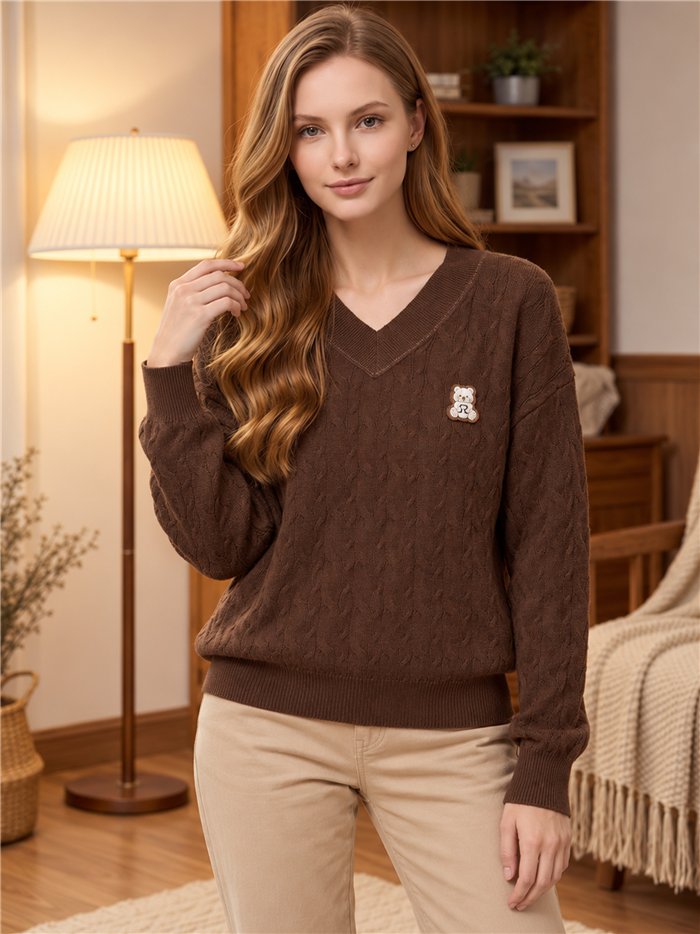 Pull en maille torsadée à patch ours en peluche
