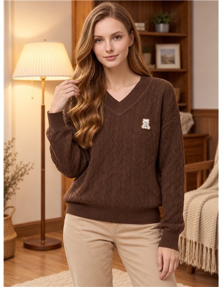 Pull en maille torsadée à patch ours en peluche