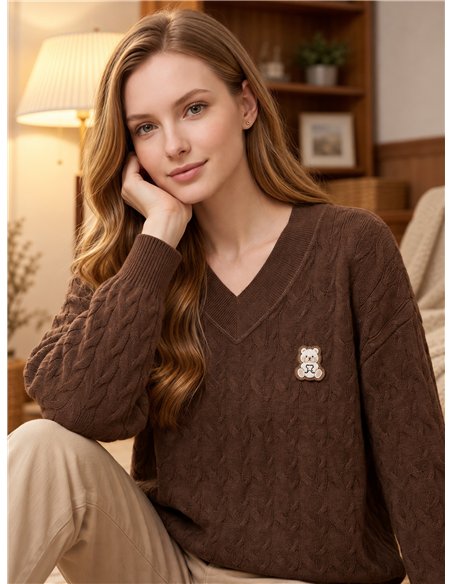 Pull en maille torsadée à patch ours en peluche
