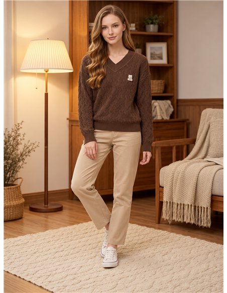 Pull en maille torsadée à patch ours en peluche