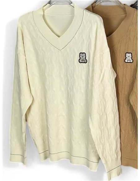 Pull en maille torsadée à patch ours en peluche