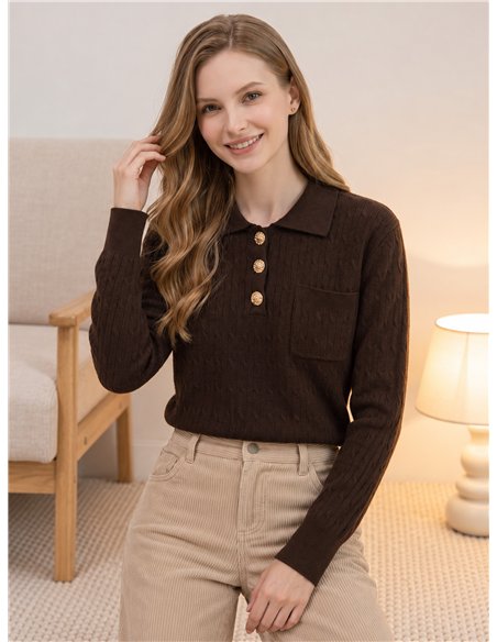 Pull polo à col torsadé et boutons bijoux