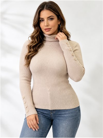 Jersey de canalé cuello alto y manga botones
