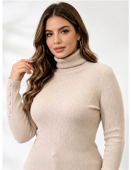 Jersey de canalé cuello alto y manga botones