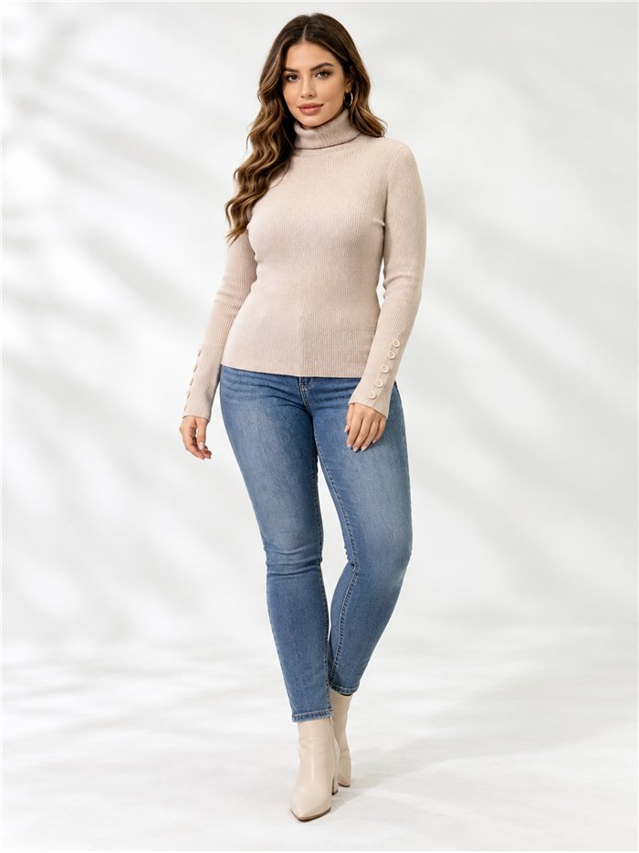 Jersey de canalé cuello alto y manga botones