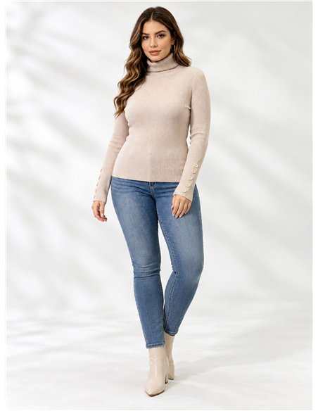Jersey de canalé cuello alto y manga botones