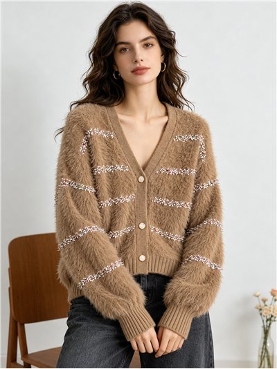 Gilet en maille rayée multicolore avec bordure en fourrure