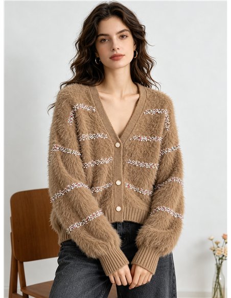 Gilet en maille rayée multicolore avec bordure en fourrure