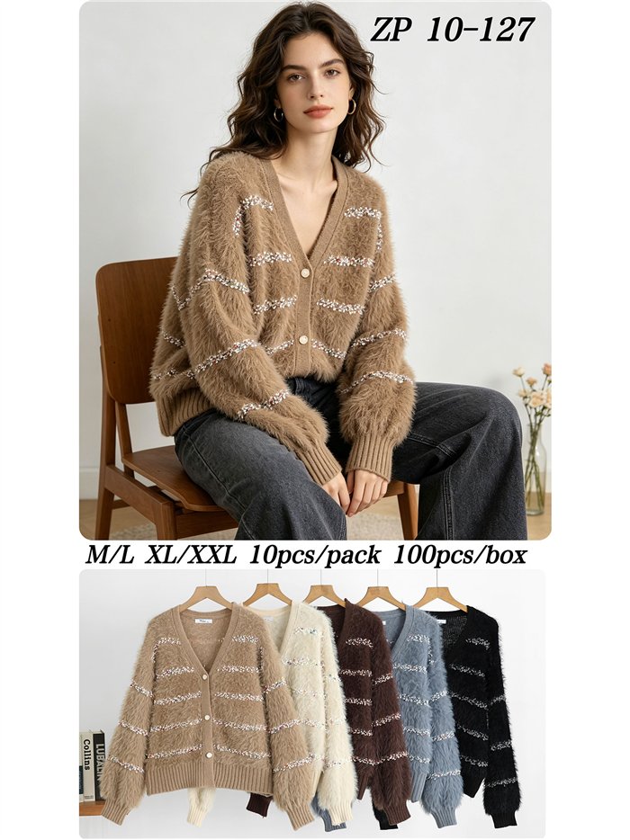 Gilet en maille rayée multicolore avec bordure en fourrure