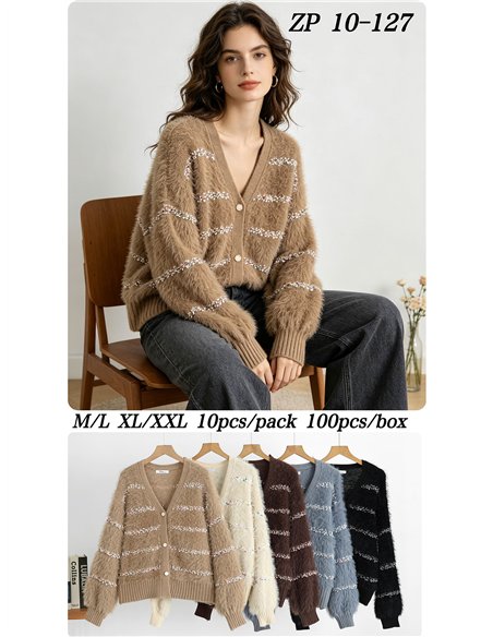 Gilet en maille rayée multicolore avec bordure en fourrure