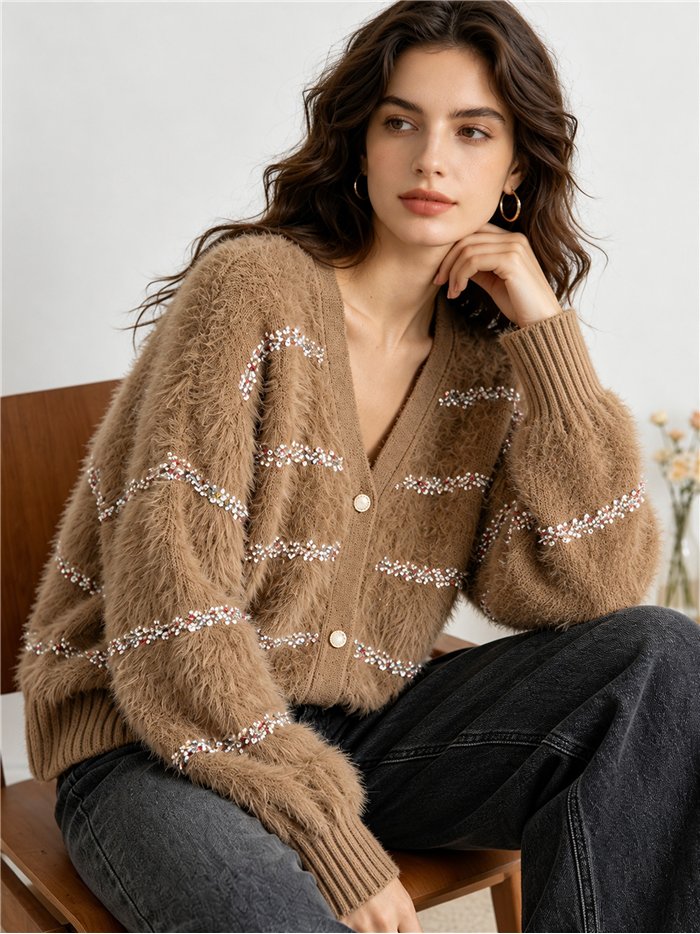 Gilet en maille rayée multicolore avec bordure en fourrure