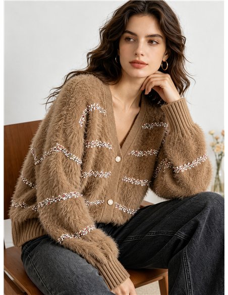 Gilet en maille rayée multicolore avec bordure en fourrure