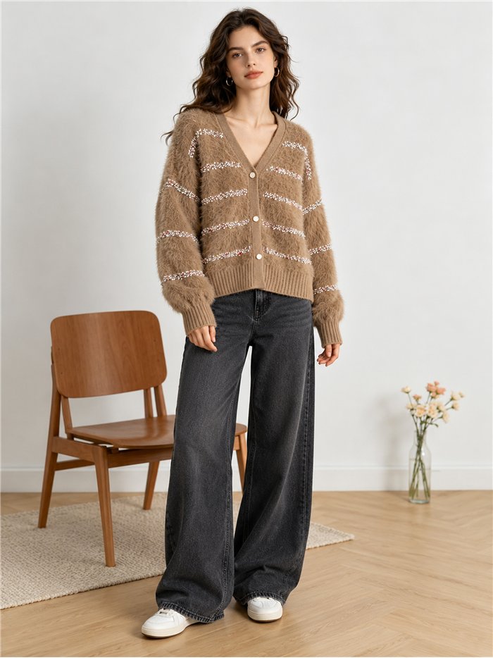 Gilet en maille rayée multicolore avec bordure en fourrure
