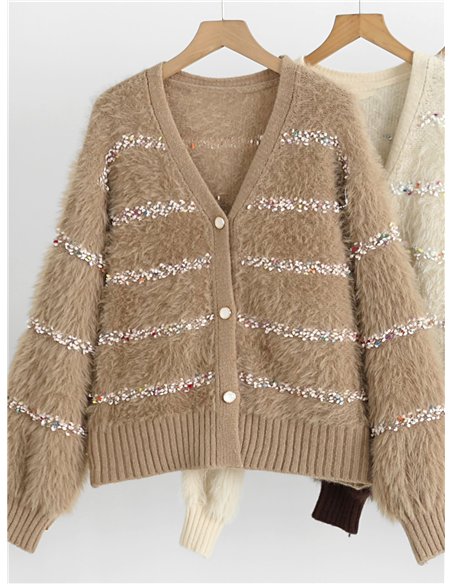 Gilet en maille rayée multicolore avec bordure en fourrure