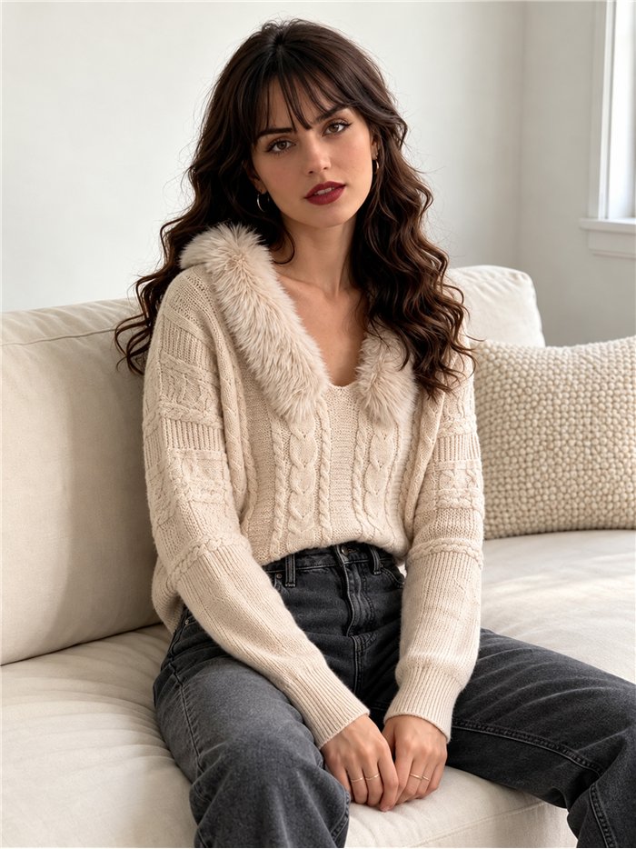 Jersey trenzado cuello de pelo