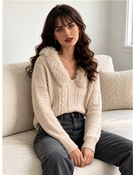 Jersey trenzado cuello de pelo