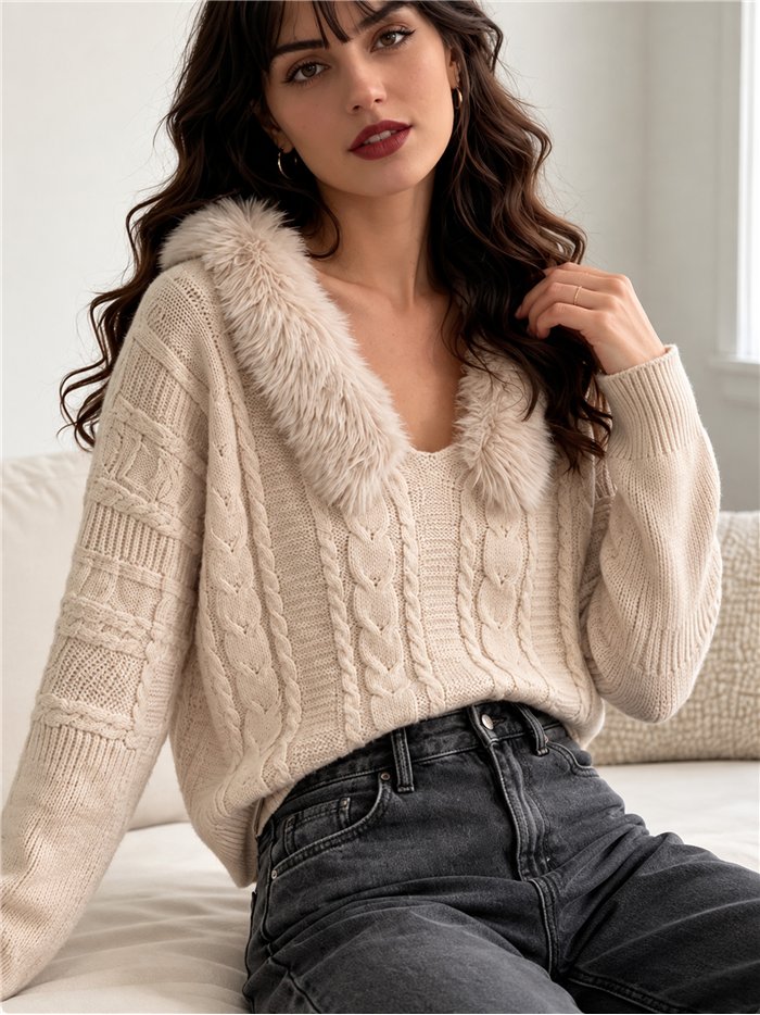 Jersey trenzado cuello de pelo