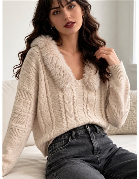 Jersey trenzado cuello de pelo