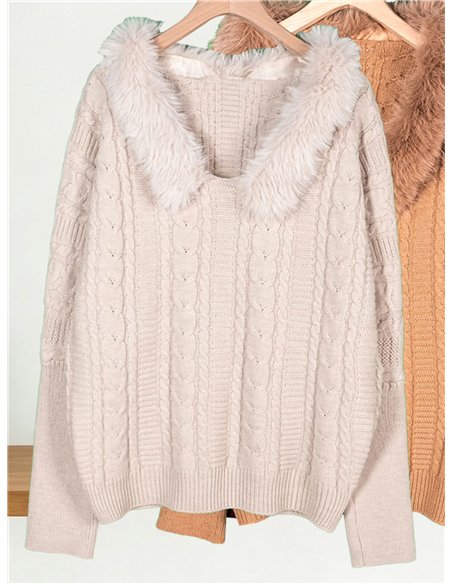 Jersey trenzado cuello de pelo