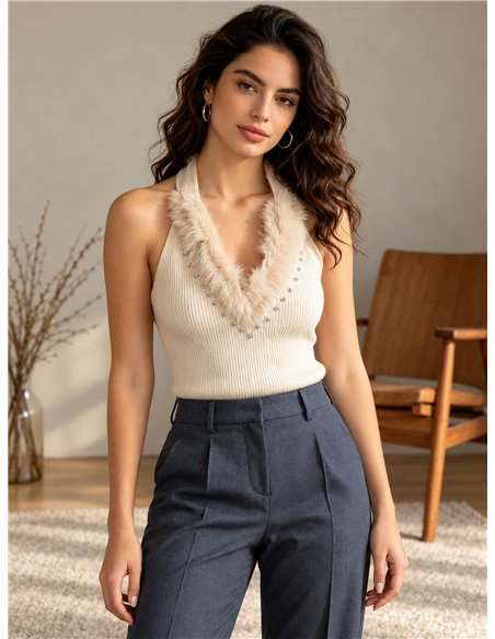 Top halter de canalé cuello de pelo